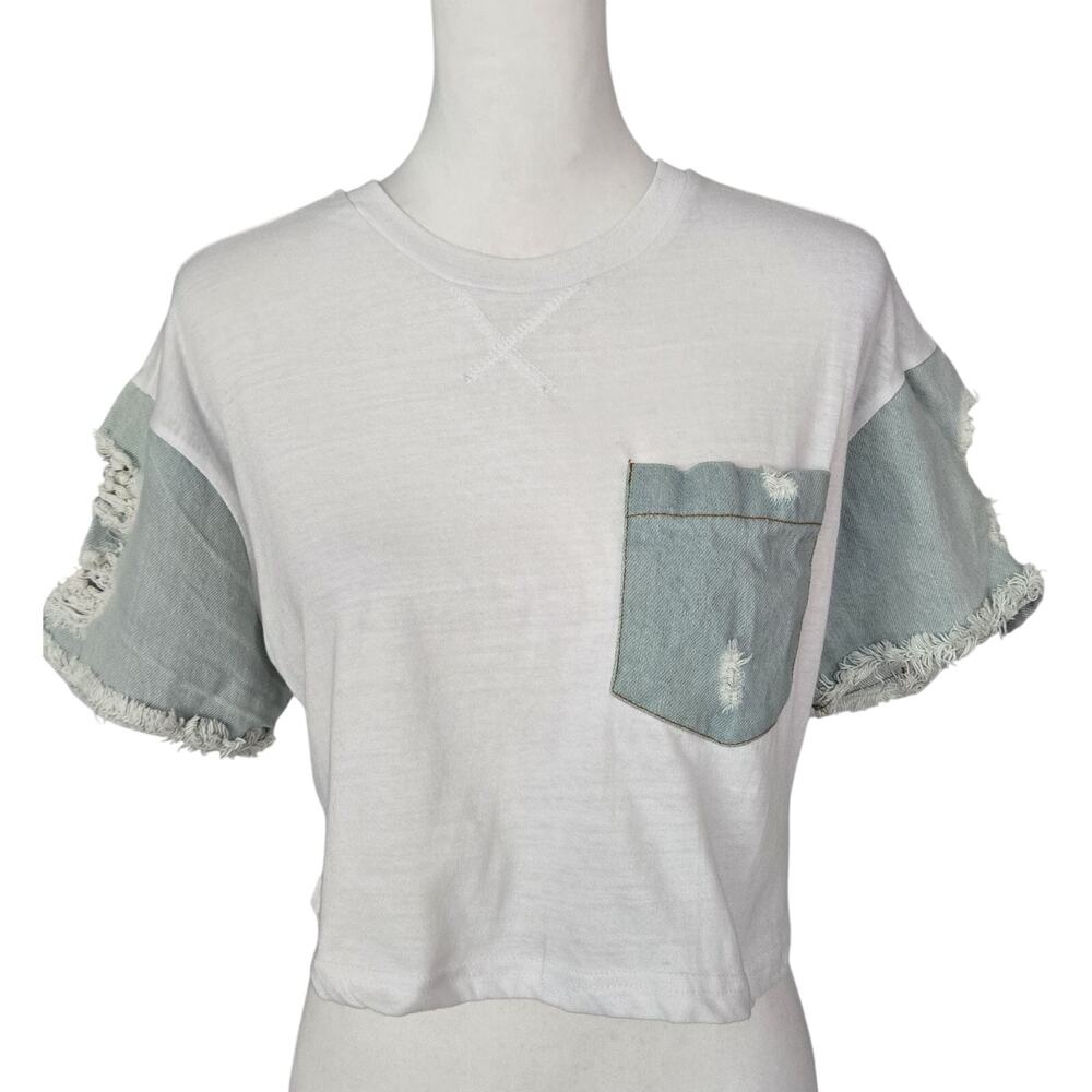 Thrill Jeans Crop Top Distressed Denim Sleeves And Pocket Shirt Sz L